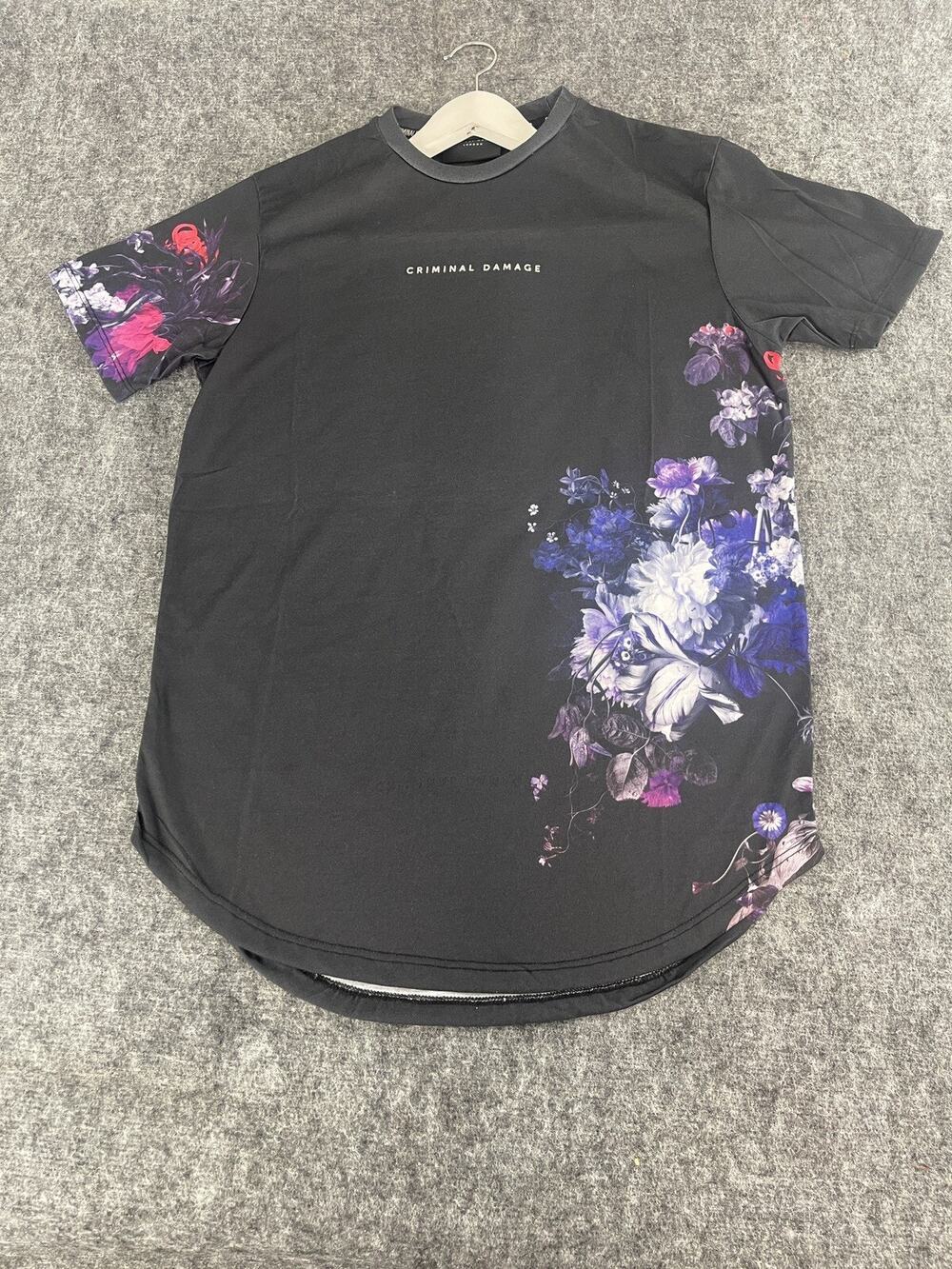 CRIMINAL DAMAGE Shirt Mens Large Tee Floral Navy Blue Crew Neck T-Shirt N135